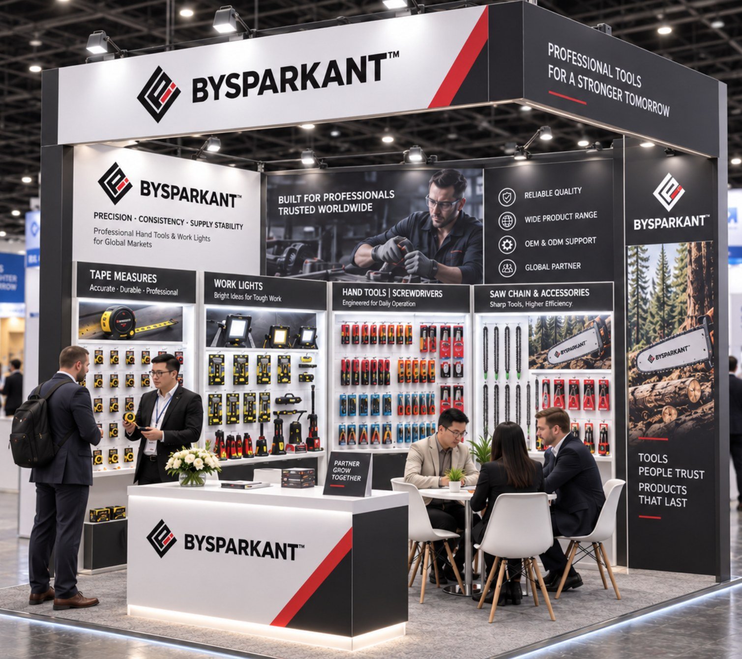 Bysparkant exhibition stand with tape measures, work lights, hand tools, screwdrivers and saw chain on the display walls