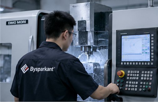 Operator running a CNC machining centre at the Bysparkant factory