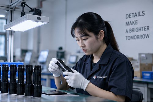 Final inspection of assembled flashlights at the Bysparkant factory