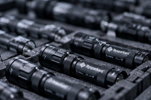 Finished Bysparkant flashlights in foam packing trays