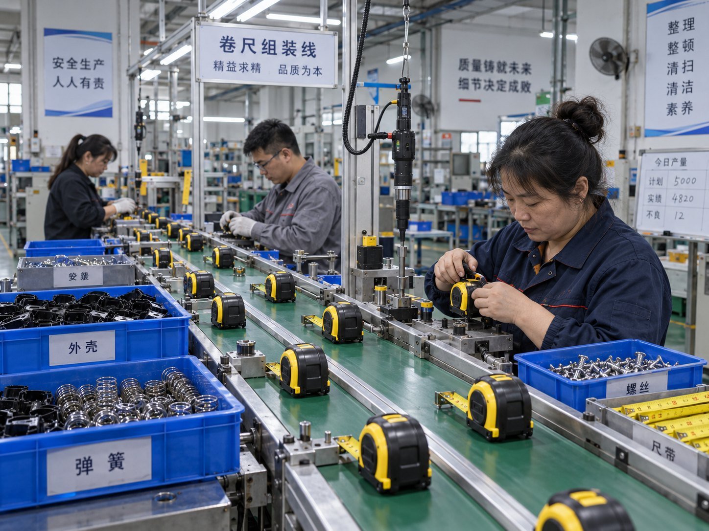 Workers assembling tape measures on the Bysparkant factory line in Ningbo