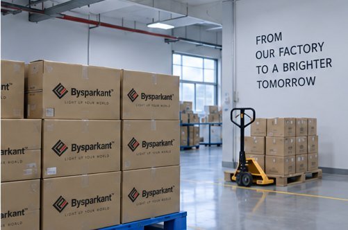 Palletised Bysparkant cartons in the Ningbo warehouse